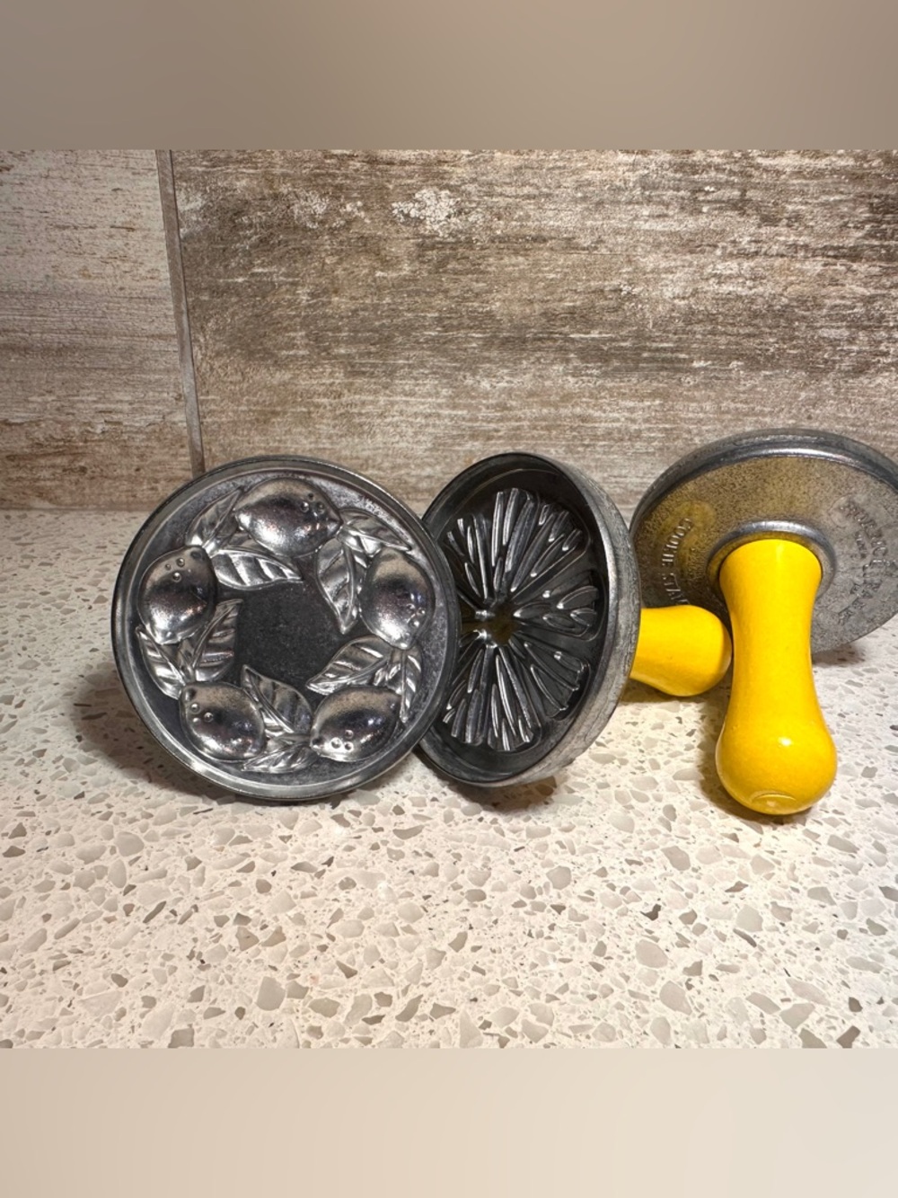 NORDIC WARE Set of 3 Cookie Stamps Cast Aluminum Yellow Wooden Handle